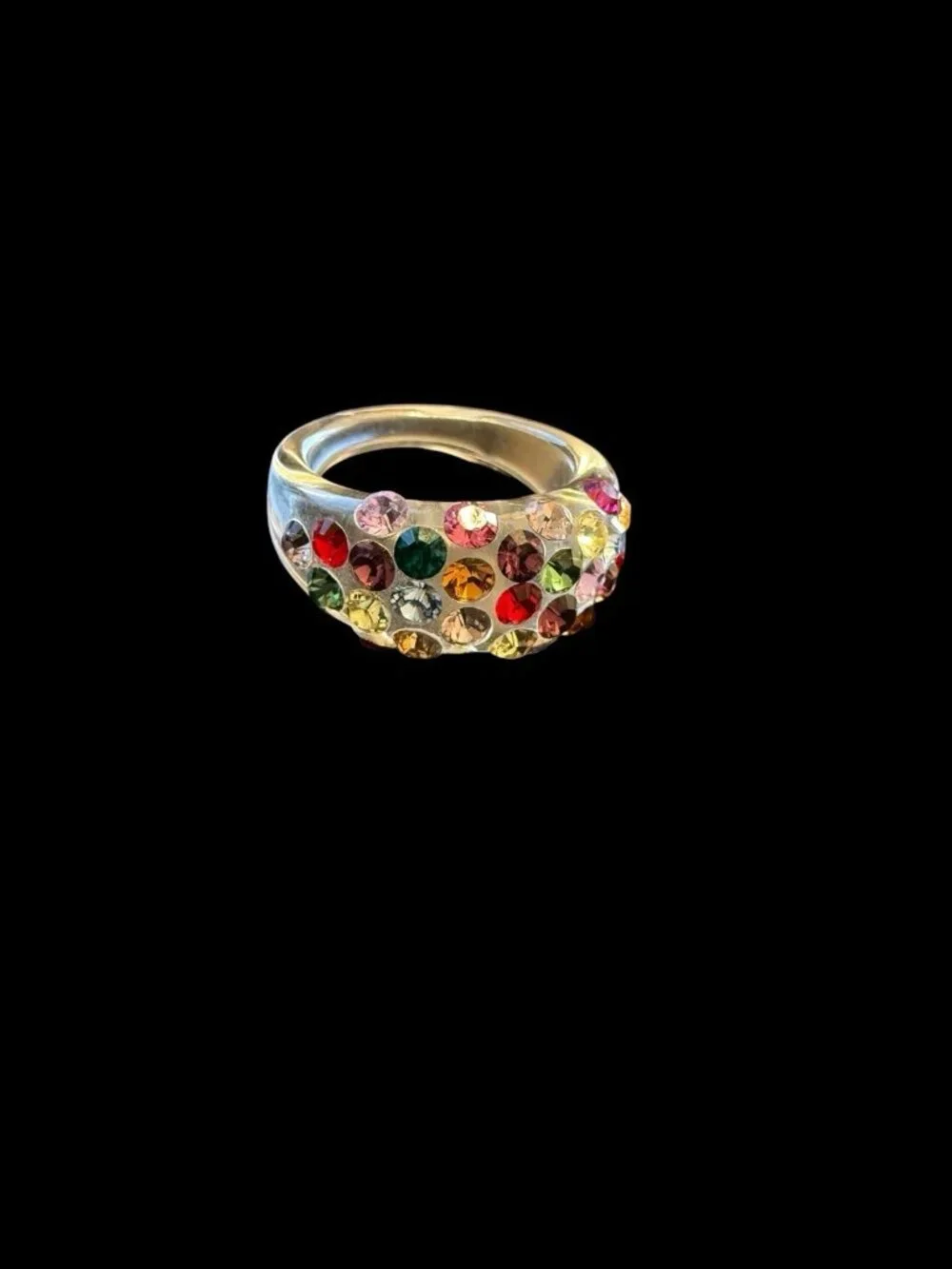 Clear Lucite Acrylic Chunky Dome Ring Multicolor Rhinestone Crystal Statement